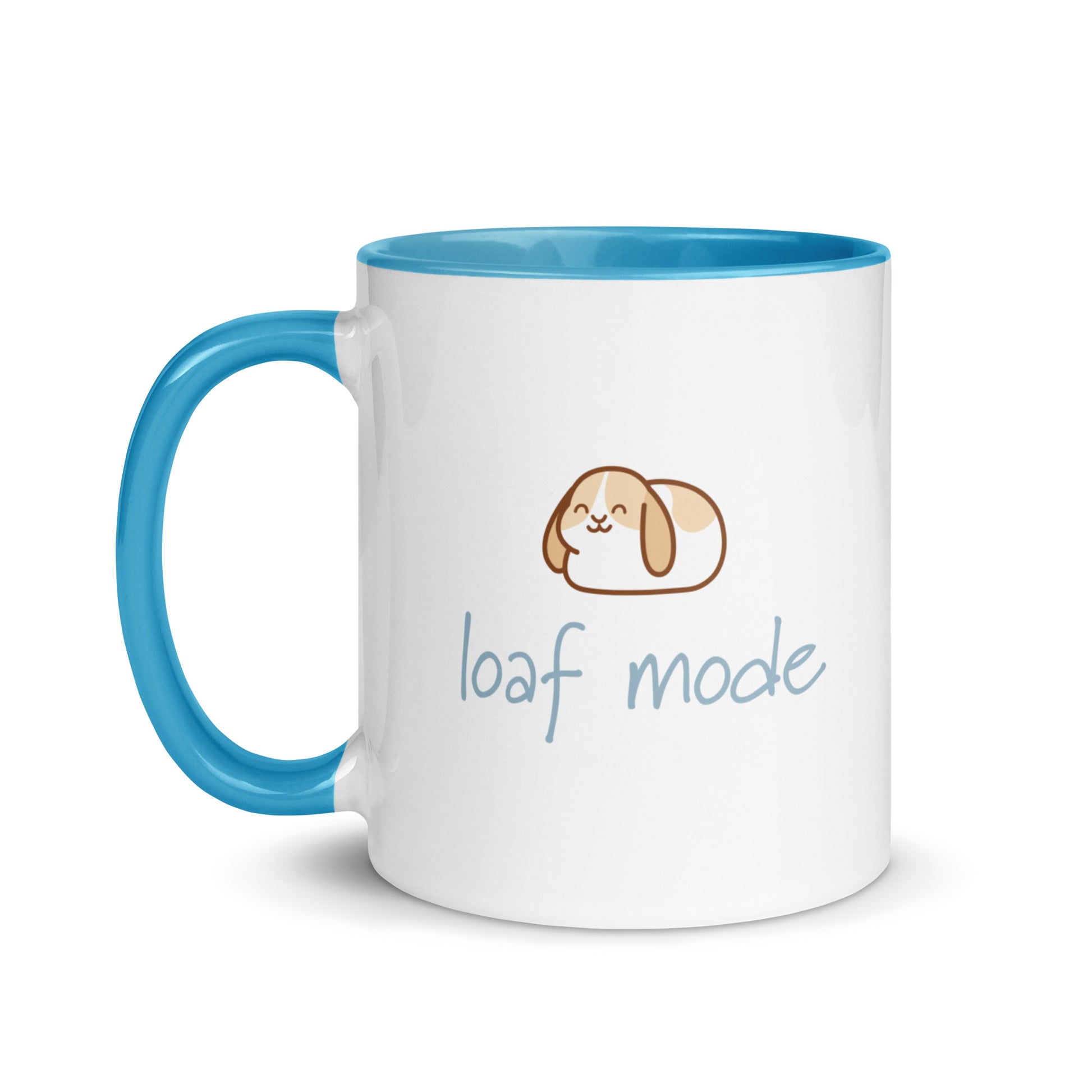 Mug with a cartoon bunny and 'loaf mode' text on a white background