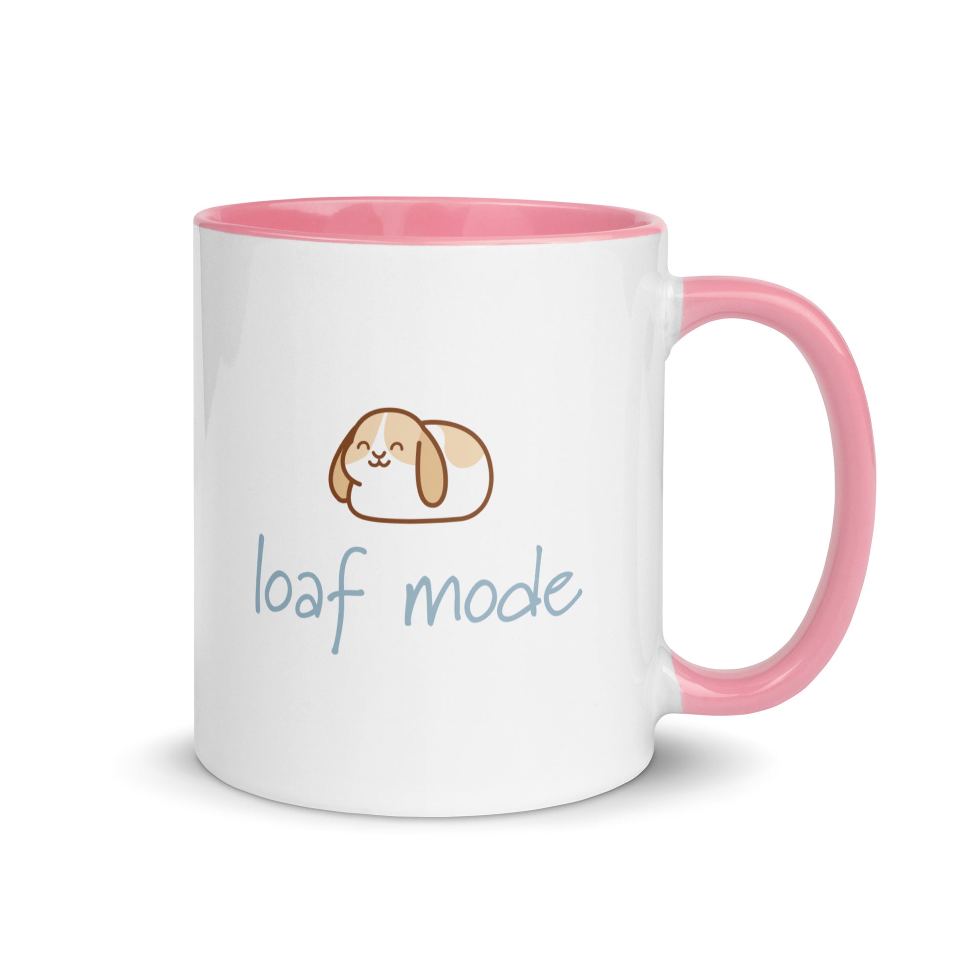 Mug with pink interior and handle featuring a cartoon bunny and 'loaf mode' text on a white background