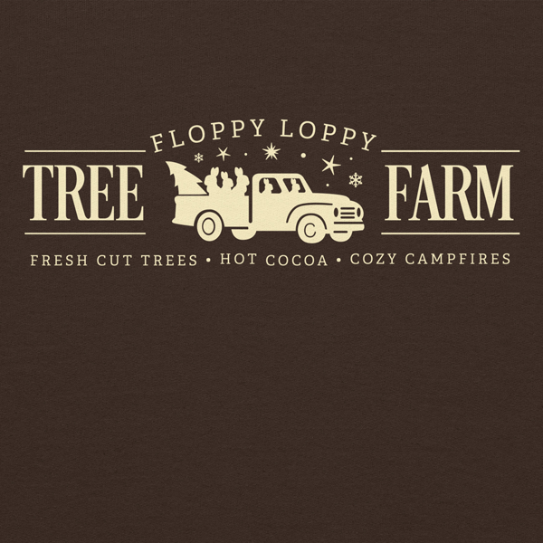 Logo for Floppy Loppy Tree Farm with a truck and people on a brown background
