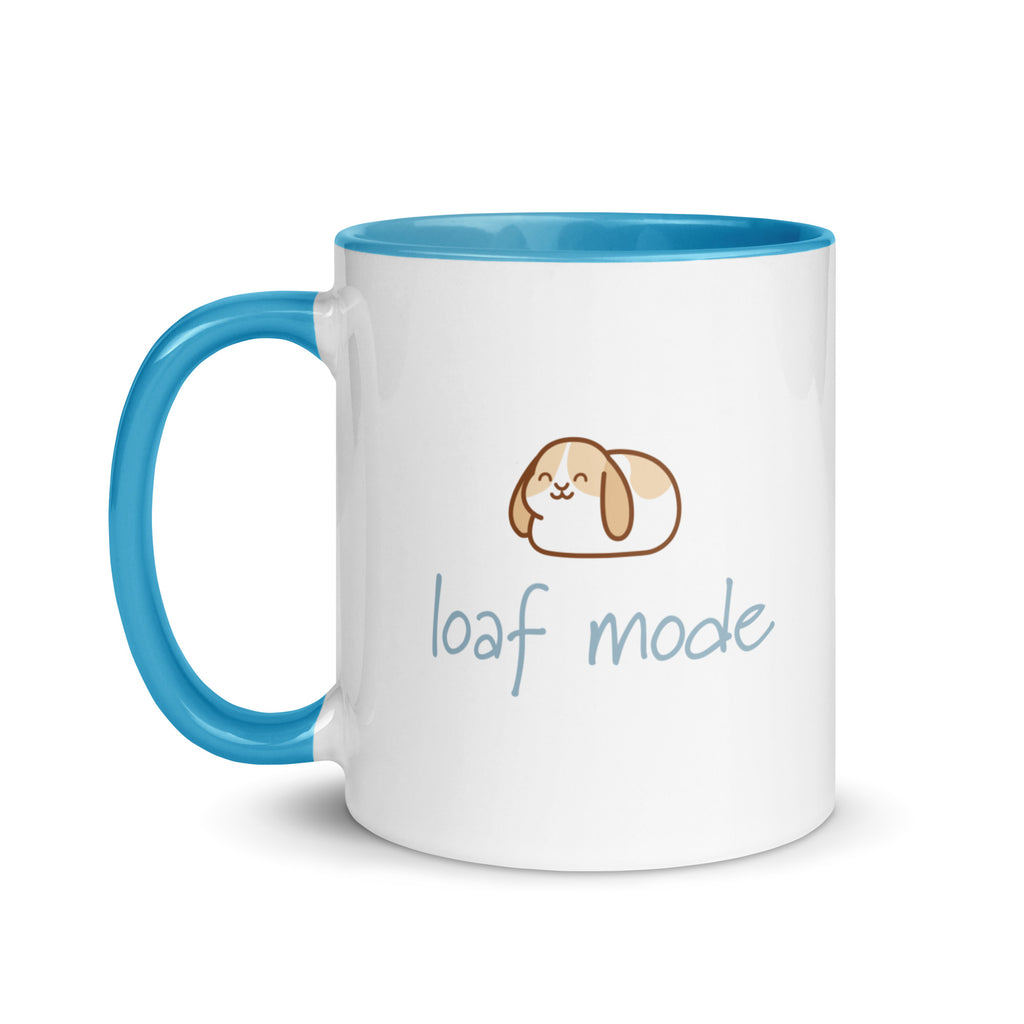 Mug with a cartoon bunny and 'loaf mode' text on a white background